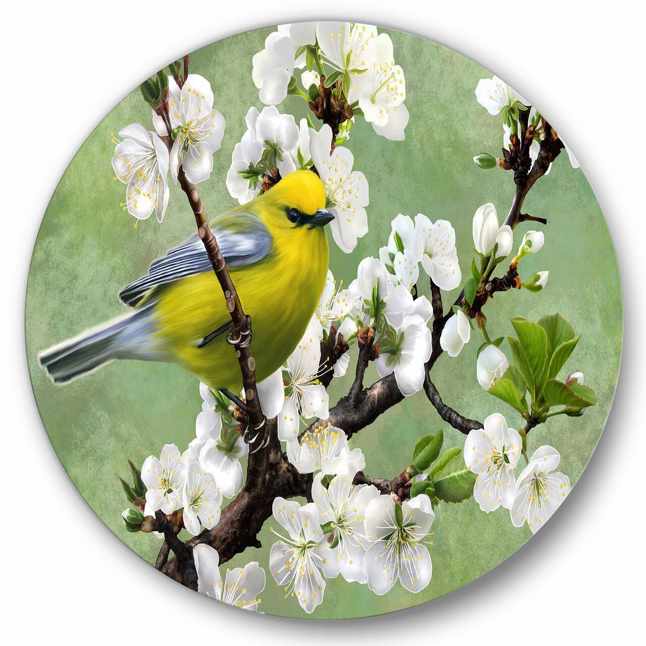 Designart - Bird On A Branch of Cherry - Traditional Metal Circle Wall Art